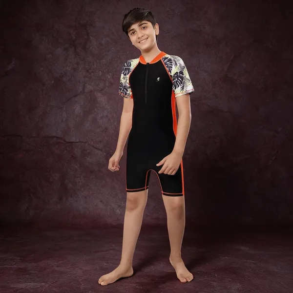 Black_Short_Sleeve_One_Piece_Swimwear_For_Boys