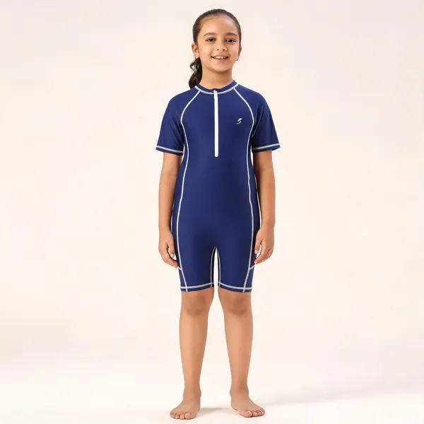 Navy_Short_Sleeve_One-Piece_Swimsuit_For_Girls