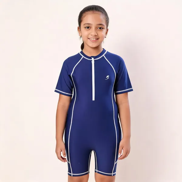 Navy_Short_Sleeve_One-Piece_Swimsuit_For_Girls
