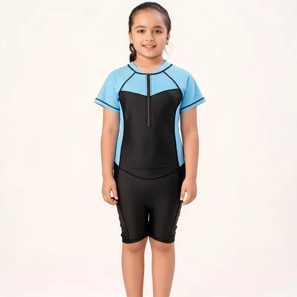 Blue_Black_Short_Sleeve_One_Piece_Swimsuit_For_Girls