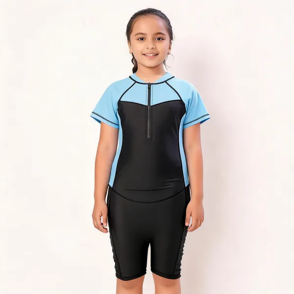 Blue_Black_Short_Sleeve_One_Piece_Swimsuit_For_Girls