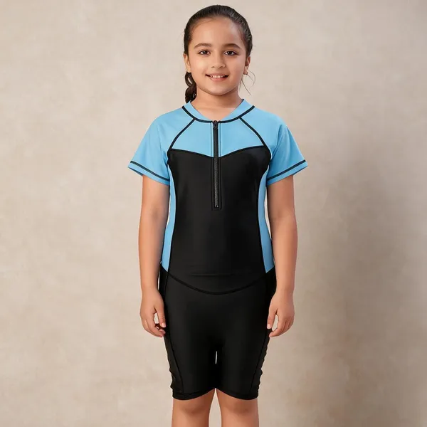 Blue_Black_Short_Sleeve_One_Piece_Swimsuit_For_Girls