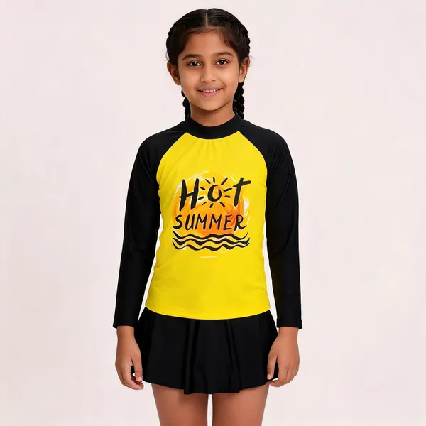 Yellow_And_Black_Long_Sleeve_Swim_Set_For_Girls