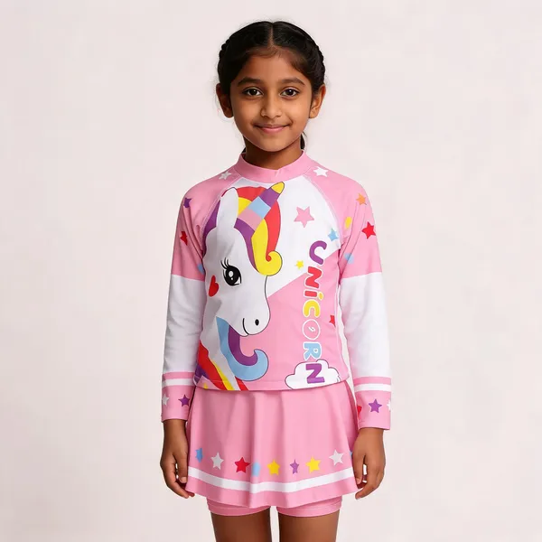 Pink_Unicorn_Print_Long_Sleeve_Swimwear_Set_For_Girls