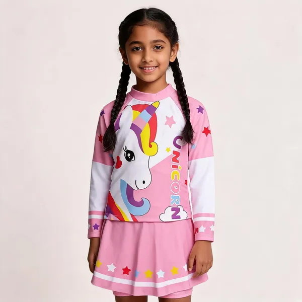 Pink_Unicorn_Print_Long_Sleeve_Swimwear_Set_For_Girls