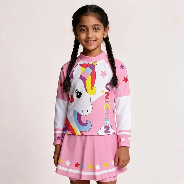 Pink_Unicorn_Print_Long_Sleeve_Swimwear_Set_For_Girls