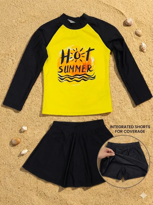 Yellow_And_Black_Long_Sleeve_Swim_Set_For_Girls