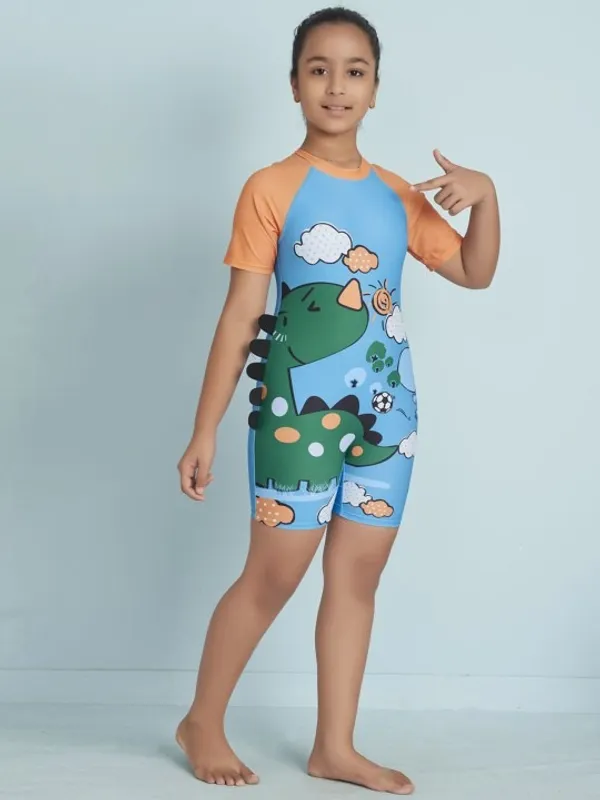Blue_Dinosaur_Print_Short_Sleeve_Romper_For_Girls