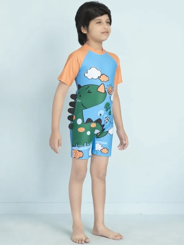 Blue_Dinosaur_Print_Short_Sleeve_Romper_For_Girls