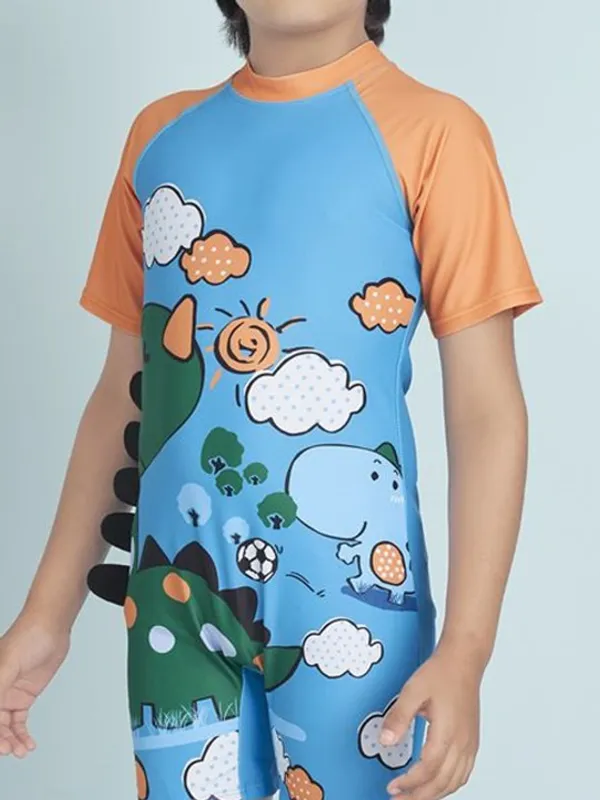 Blue_Dinosaur_Print_Short_Sleeve_Romper_For_Girls