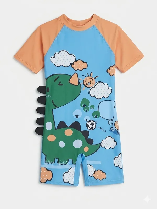 Blue_Dinosaur_Print_Short_Sleeve_Romper_For_Girls