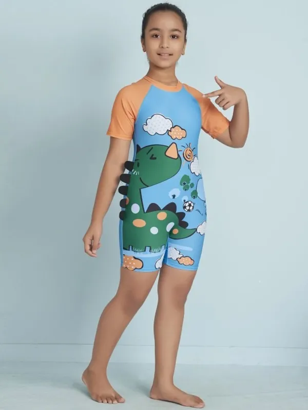 Blue_Dinosaur_Print_Short_Sleeve_Romper_For_Girls