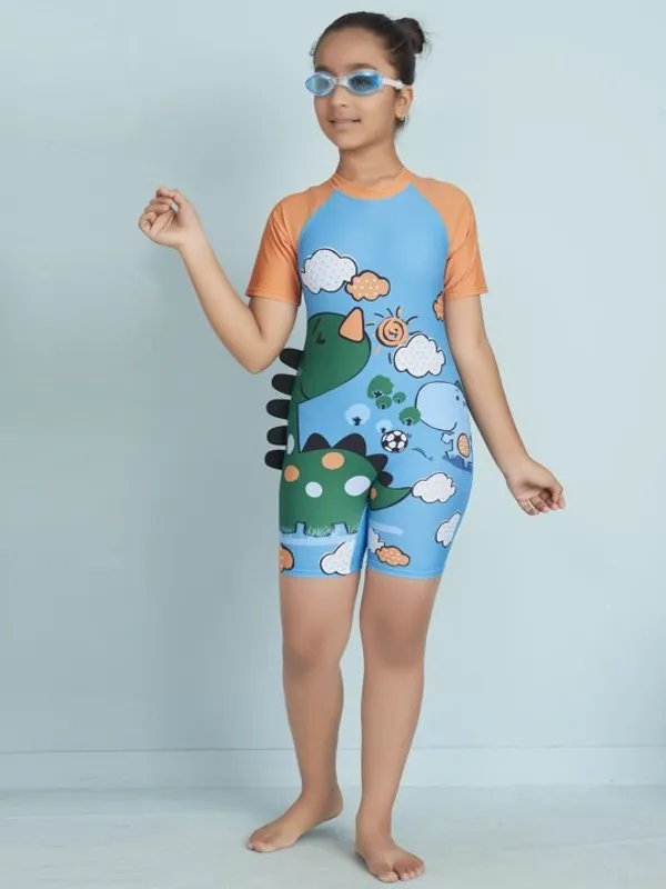 Blue_Dinosaur_Print_Short_Sleeve_Romper_For_Girls