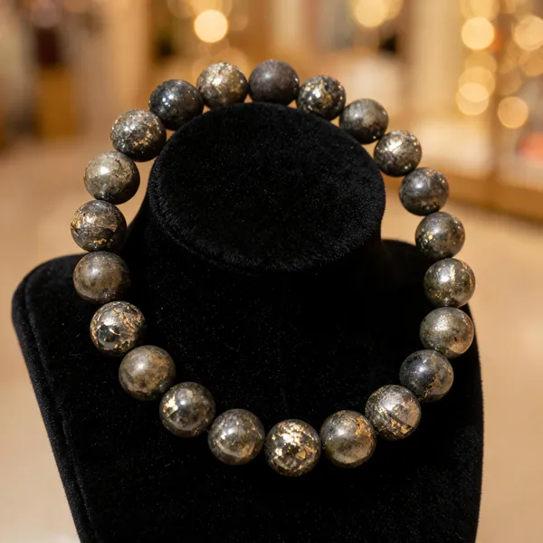 Golden_Natural_Pyrite_Beaded_Stretch_Bracelet_For_Unisex