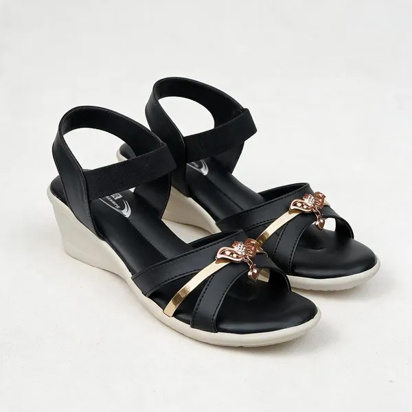 Black_Synthetic_Leather_Floral_Embellished_Wedge_Sandals_For_Women