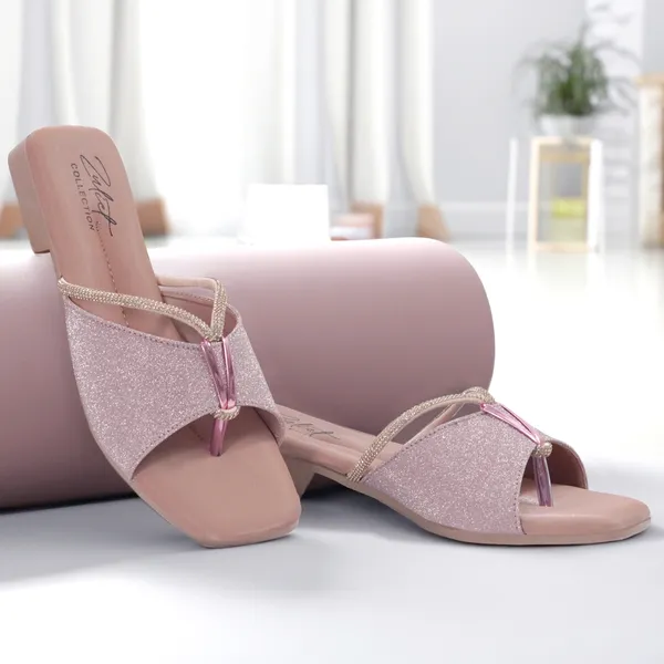 Pink_Synthetic_Leather_Glitter_Embellished_Flat_Sandals_For_Women