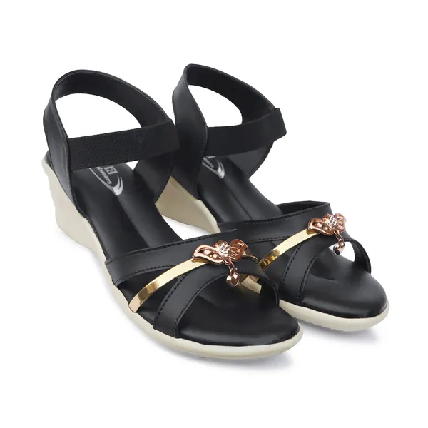 Black_Synthetic_Leather_Floral_Embellished_Wedge_Sandals_For_Women