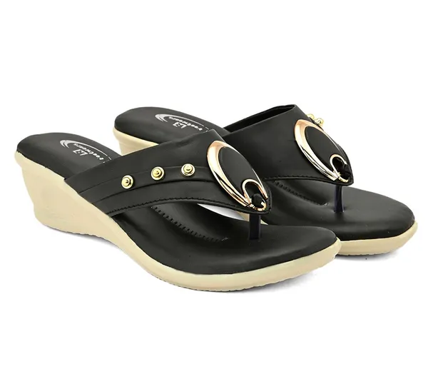 Black_Synthetic_Leather_Gold_Loop_Wedge_Flip_Flops_For_Women