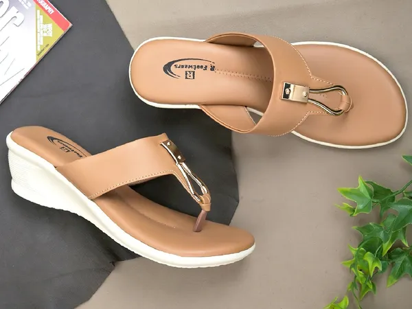 Tan_Synthetic_Leather_Metallic_Loop_Wedge_Sandals_For_Women