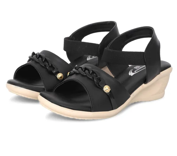 Black_Synthetic_Leather_Chain_Accent_Wedge_Sandals_For_Women