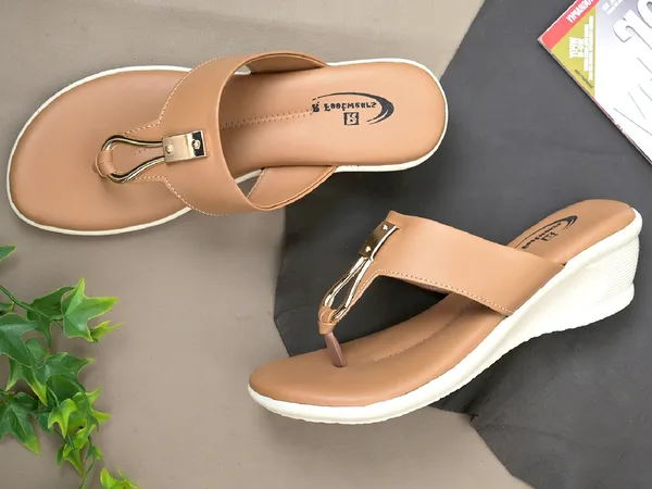 Tan_Synthetic_Leather_Metallic_Loop_Wedge_Sandals_For_Women