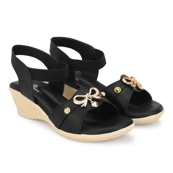 Black_Synthetic_Leather_Bow_Embellished_Slingback_Sandals_For_Women