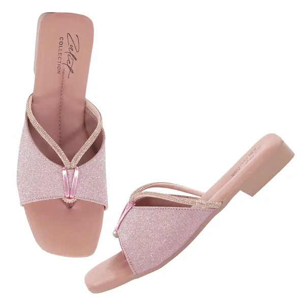 Pink_Synthetic_Leather_Glitter_Embellished_Flat_Sandals_For_Women