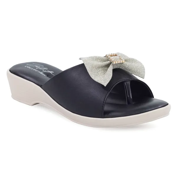 Black_Synthetic_Leather_Glitter_Bow_Wedge_Sandals_For_Women