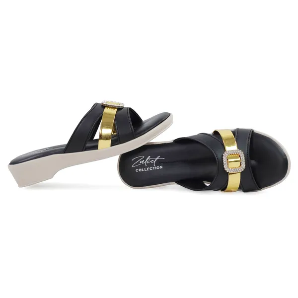 Black_Synthetic_Leather_Gold_Buckle_Wedge_Sandals_For_Women
