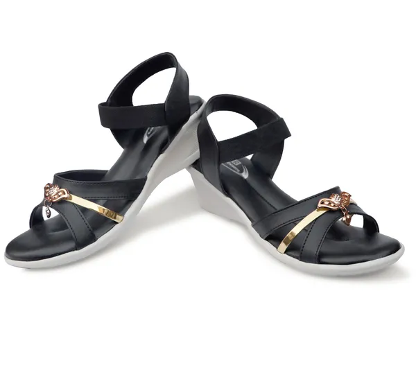 Black_Synthetic_Leather_Floral_Embellished_Wedge_Sandals_For_Women