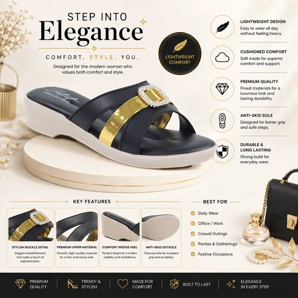Black_Synthetic_Leather_Gold_Buckle_Wedge_Sandals_For_Women