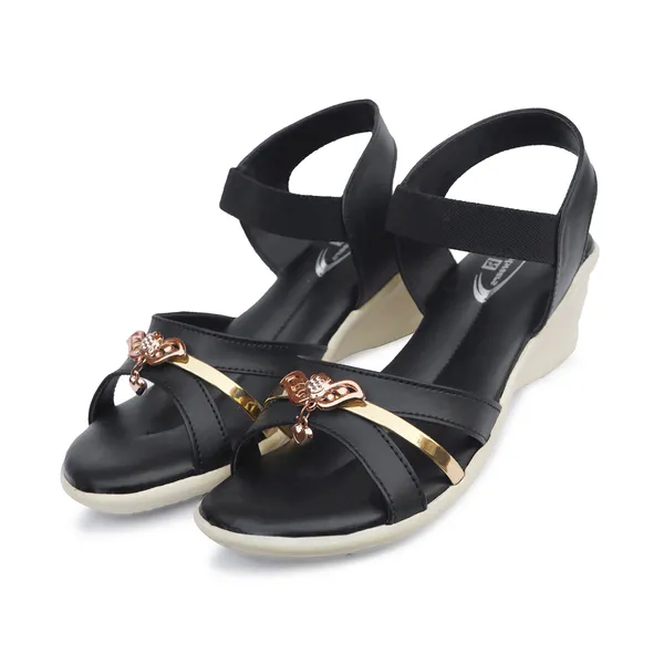 Black_Synthetic_Leather_Floral_Embellished_Wedge_Sandals_For_Women