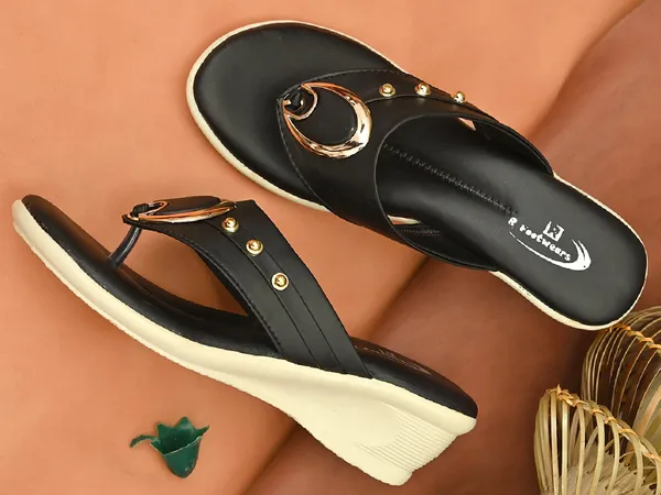 Black_Synthetic_Leather_Gold_Loop_Wedge_Flip_Flops_For_Women