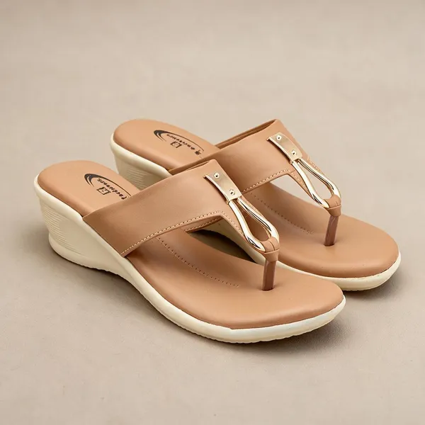 Tan_Synthetic_Leather_Metallic_Loop_Wedge_Sandals_For_Women