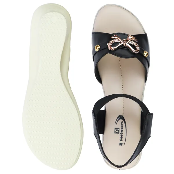 Black_Synthetic_Leather_Bow_Detail_Flat_Sandals_For_Women
