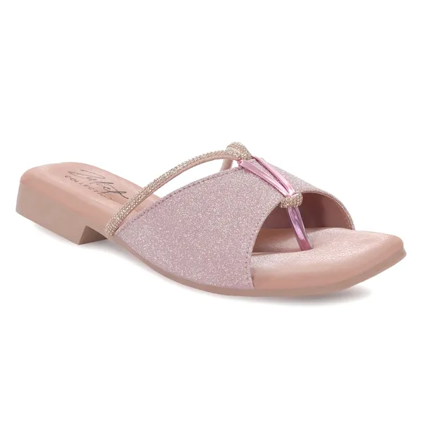 Pink_Synthetic_Leather_Glitter_Embellished_Flat_Sandals_For_Women