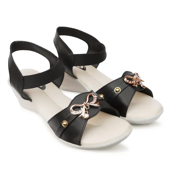 Black_Synthetic_Leather_Bow_Detail_Flat_Sandals_For_Women