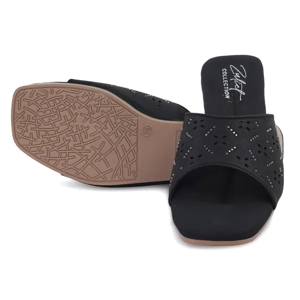 Black_Synthetic_Leather_Perforated_Slip-On_Sandals_For_Women