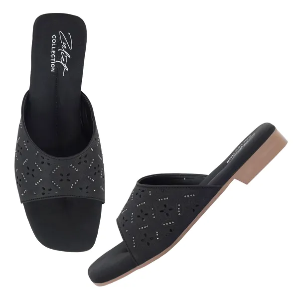 Black_Synthetic_Leather_Perforated_Slip-On_Sandals_For_Women