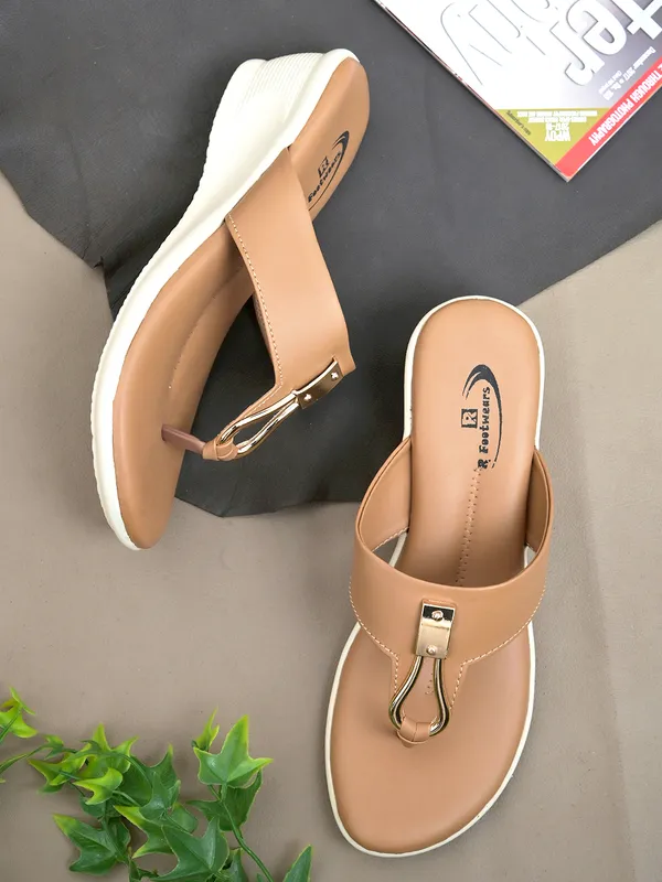Tan_Synthetic_Leather_Metallic_Loop_Wedge_Sandals_For_Women