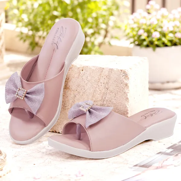 Pink_Synthetic_Leather_Bow_Detail_Slip-On_Wedge_Sandals_For_Women