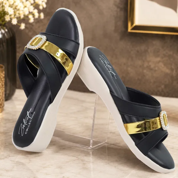 Black_Synthetic_Leather_Gold_Buckle_Wedge_Sandals_For_Women
