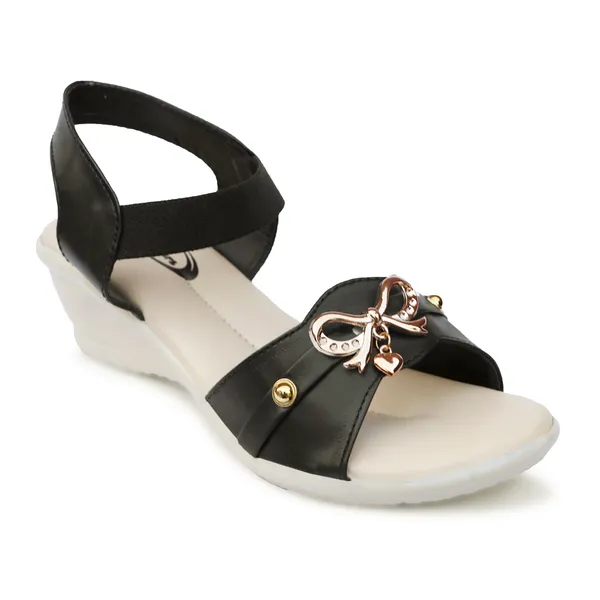 Black_Synthetic_Leather_Bow_Detail_Flat_Sandals_For_Women