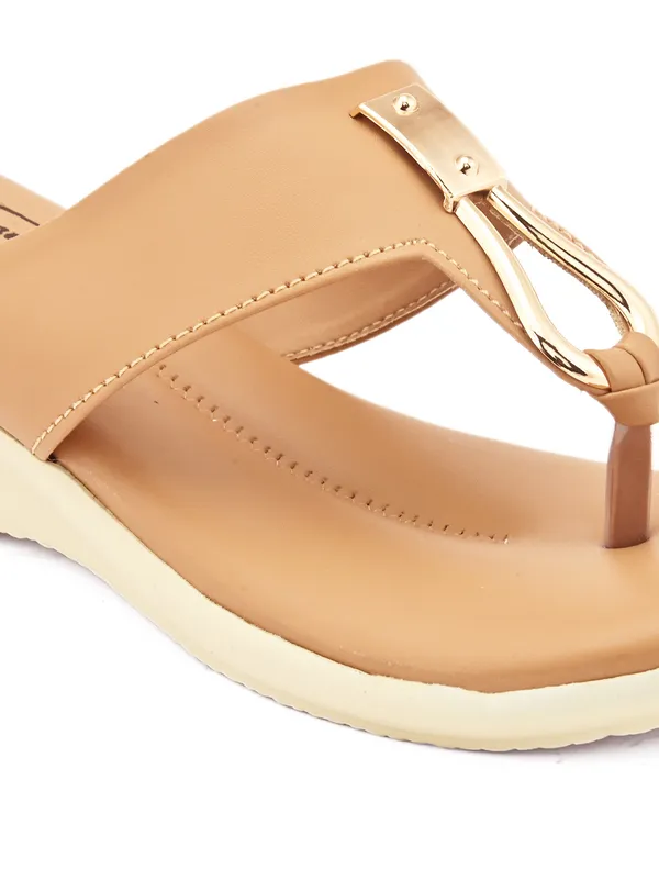 Tan_Synthetic_Leather_Metallic_Loop_Wedge_Sandals_For_Women
