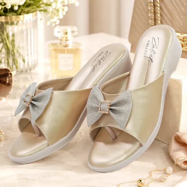 Beige_Synthetic_Leather_Bow_Embellished_Wedge_Mules_For_Women