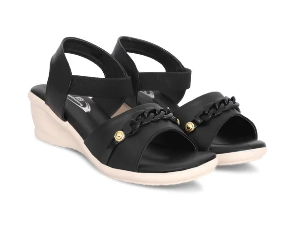 Black_Synthetic_Leather_Chain_Accent_Wedge_Sandals_For_Women