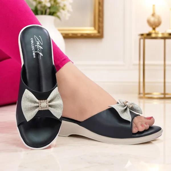 Black_Synthetic_Leather_Glitter_Bow_Wedge_Sandals_For_Women