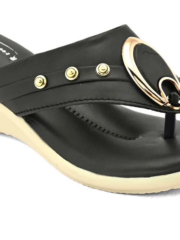 Black_Synthetic_Leather_Gold_Loop_Wedge_Flip_Flops_For_Women