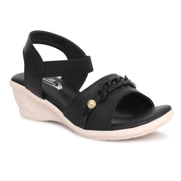 Black_Synthetic_Leather_Chain_Accent_Wedge_Sandals_For_Women