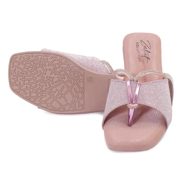 Pink_Synthetic_Leather_Glitter_Embellished_Flat_Sandals_For_Women